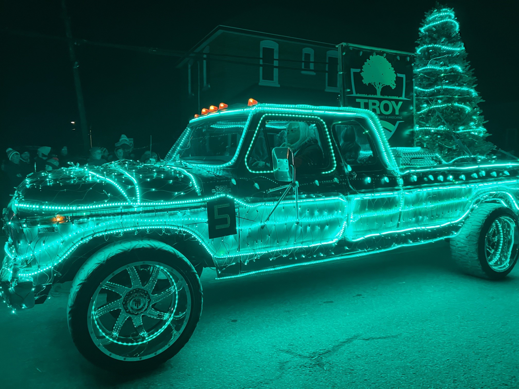 a picture of a truck covered in green Christmas lights